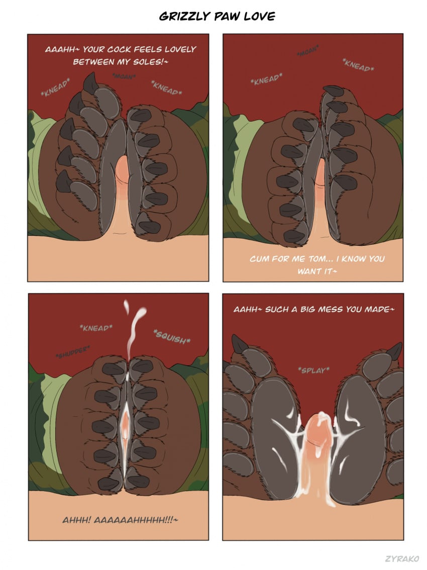 anthro bear bodily_fluids cum cum_on_feet duo feet foot_fetish foot_play footjob genital_fluids hi_res human male male/male mammal sex zyrako_(artist)