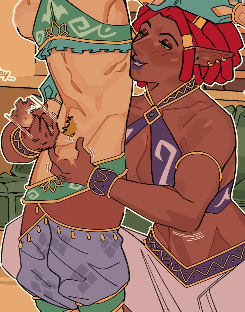 1boy 1girls bigger_female breath_of_the_wild dark_skin dark_skinned_female dominant_female domination erect_penis erection femdom gekk_0 gekkonsfw gentle_femdom gerudo gerudo_link handjob interracial link male malesub motion_lines nintendo pointy_ears the_legend_of_zelda trap wholesome