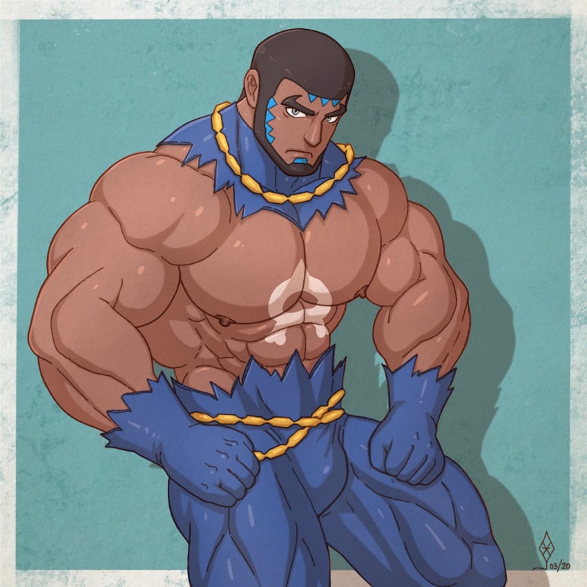 1:1 1boy abs bara barazoku beard biceps black_facial_hair black_hair blue_bodysuit blue_bottomwear blue_eyes blue_gloves blue_handwear bulge chain_belt chest_tattoo dark_skin deltoid facial_hair flexor_carpi forearm_muscles handwear human male male_only matt_(pokemon) muscular muscular_male nipples obliques pecs pokemon pokemon_oras pokemon_rse serratus tattoo team_aqua torn_clothing white_tattoo yecow