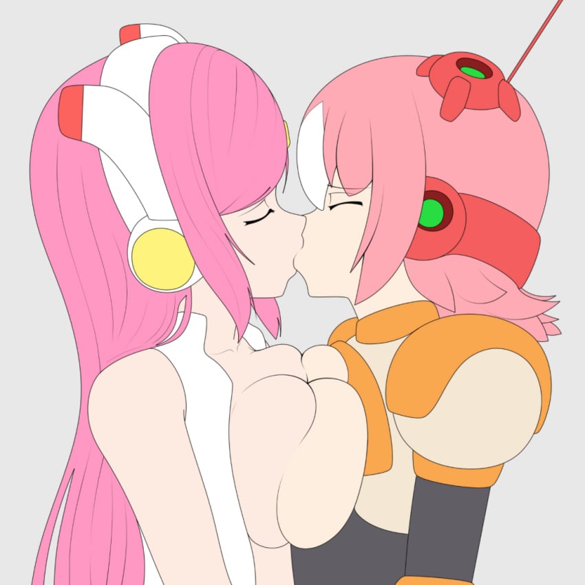 bisexual breast_press breasts_out closed_eyes kirby_(series) kissing lesbian_kiss making_out mega_man nana_(mega_man) pink_hair short_hair susanna_patrya_haltmann susie_(kirby) yuri