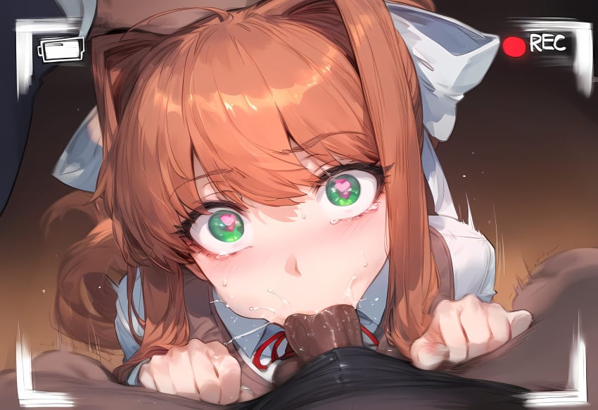 1boy 1girls ai_generated big_breasts blush breasts brown_hair dark-skinned_male doki_doki_literature_club fellatio female female_focus green_eyes heart-shaped_pupils huge_breasts interracial large_breasts long_hair monika_(doki_doki_literature_club) ponytail recording school_uniform schoolgirl