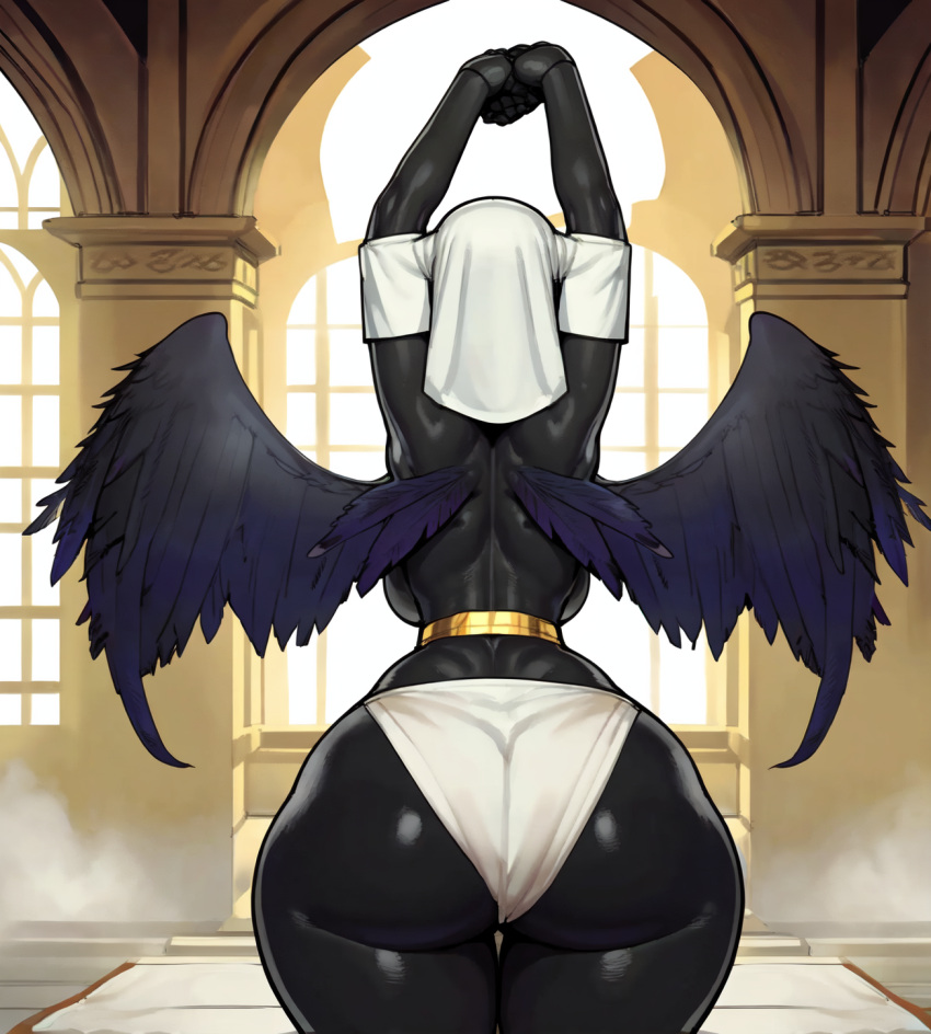 1girls ai_generated angel angel_girl angel_wings ass black_body breast_curtains busty curvy_figure female female_focus huge_breasts oc original original_character sweaty thick_thighs wings