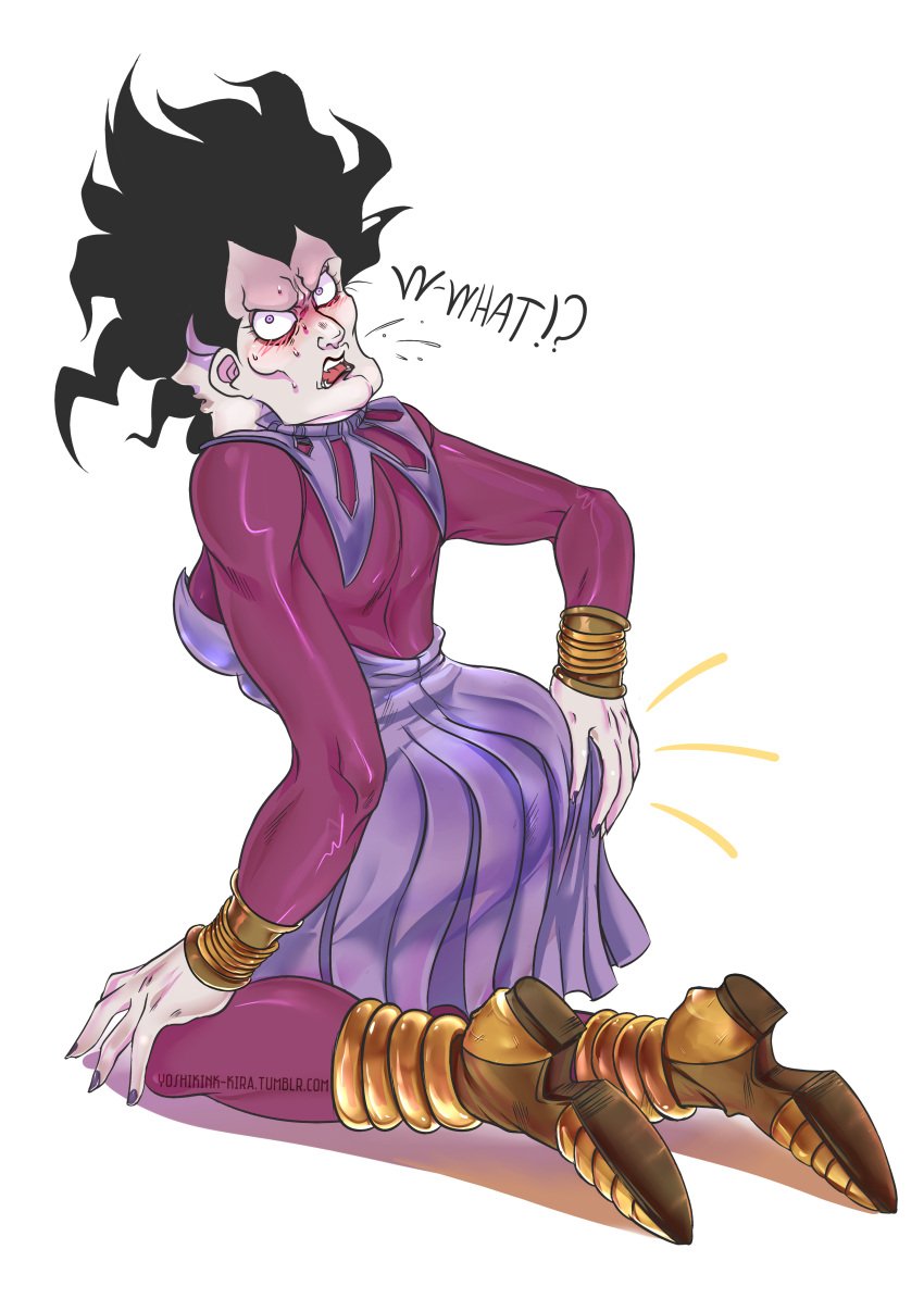 1boy 2018 absurd_res anklet artist_name ass ass_grab back big_ass black_hair black_lipstick blush bodysuit boots bracelet breasts clothed clothing dress dual_persona fangs full_body highres hungry-enemy jojo's_bizarre_adventure kneeling lipstick looking_at_viewer makeup male male_only male_with_breasts medium_breasts nail_polish nukesaku open_mouth pleated_dress purple_clothing purple_eyes purple_nails saliva saliva_drip shadow shoes solo stardust_crusaders sweat text thighs tight_clothing tongue transparent_background trap tumblr_username vampire watermark