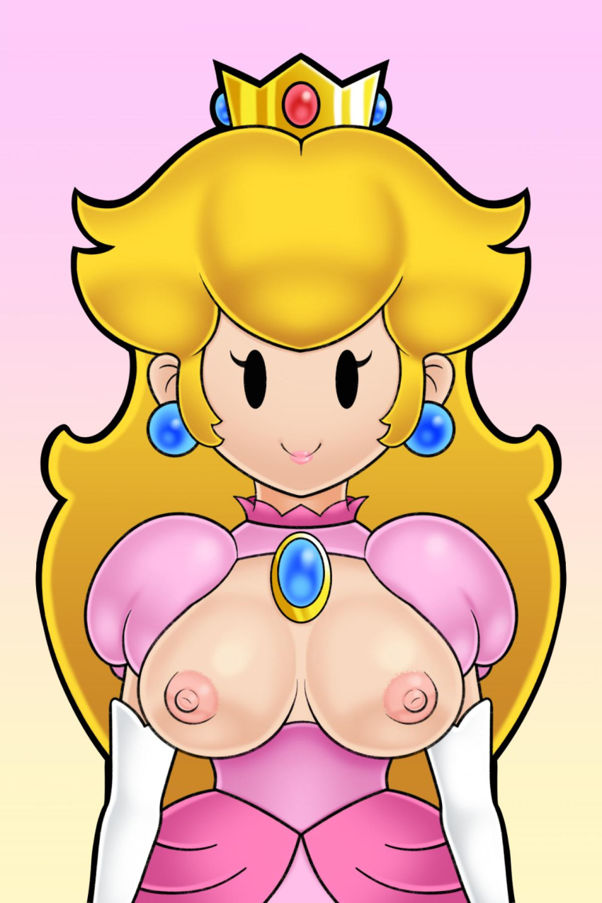 1girls alternate_version_available areolae big_breasts black_eyes blonde_hair breastless_clothes breastless_clothing breasts breasts_out casual_nudity crown dress earrings elbow_gloves exposed_breasts female female_only front_view gloves hair lipstick long_hair looking_at_viewer mario_(series) mob_face nintendo nipples paper_mario paper_peach pink_dress princess_peach puffy_sleeves royalty sleepiitreat smile smiling_at_viewer solo solo_female topless_dress video_games white_gloves