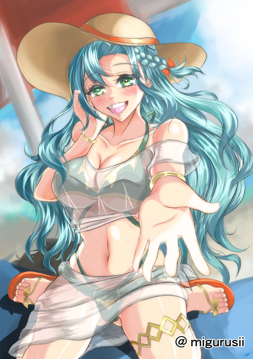 1girls alternate_costume aqua_hair ass_visible_through_thighs beach bikini blue_hair braid breasts chloe_(fire_emblem) cleavage covered_nipples earrings female female_only fire_emblem fire_emblem_engage green_bikini green_eyes green_swimsuit hat large_breasts long_hair more_at_source nintendo ocean on_towel open_mouth outdoors parasol reaching_out sarong see-through smile solo sun_hat swimsuit towel umbrella underboob veil very_long_hair violet_migu18