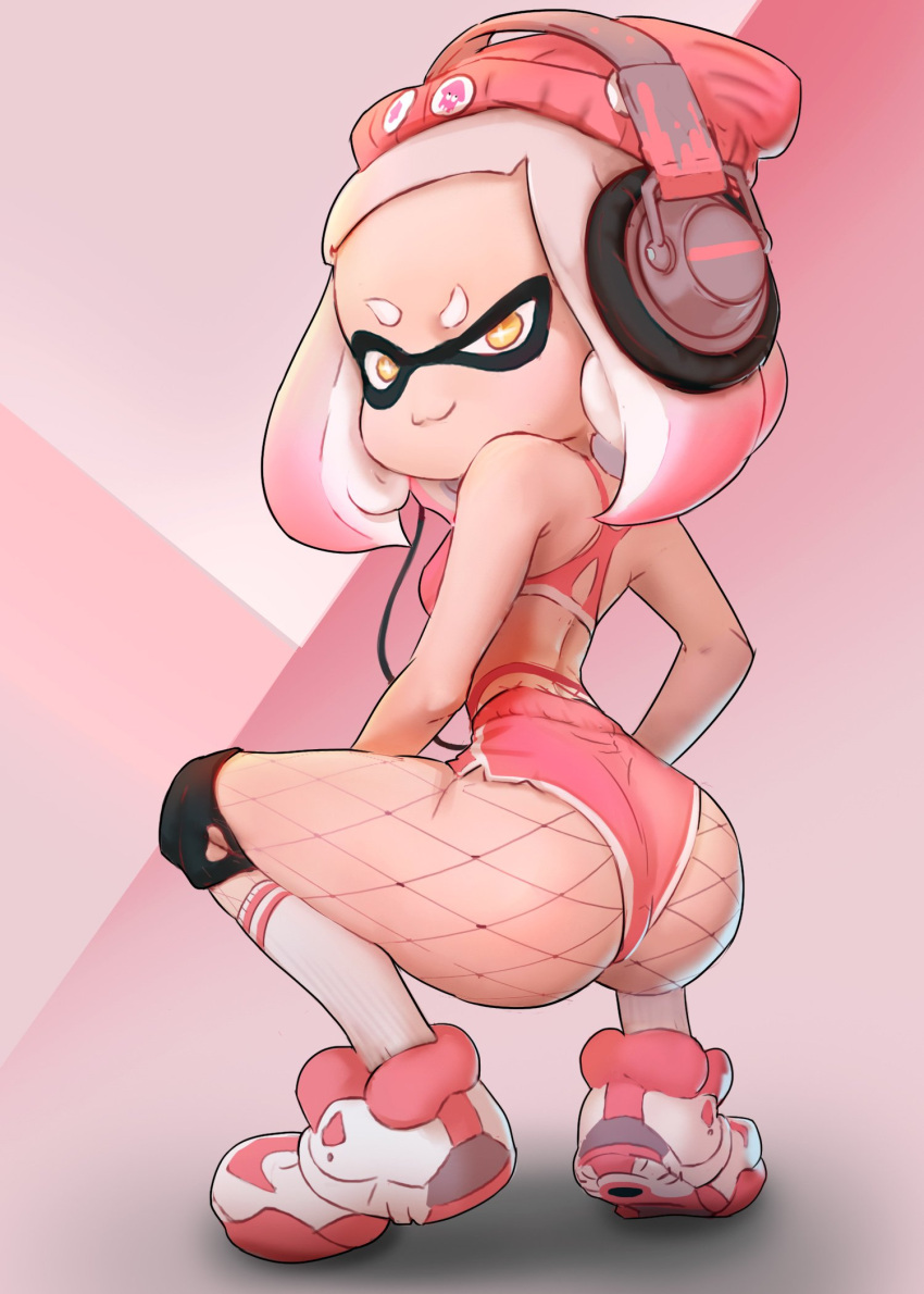 ass blackingyourwaifu bubble_butt fishnets headgear headphones inkling looking_at_viewer looking_back nintendo pearl_(splatoon) short_shorts solo solo_female splatoon splatoon_2 squatting