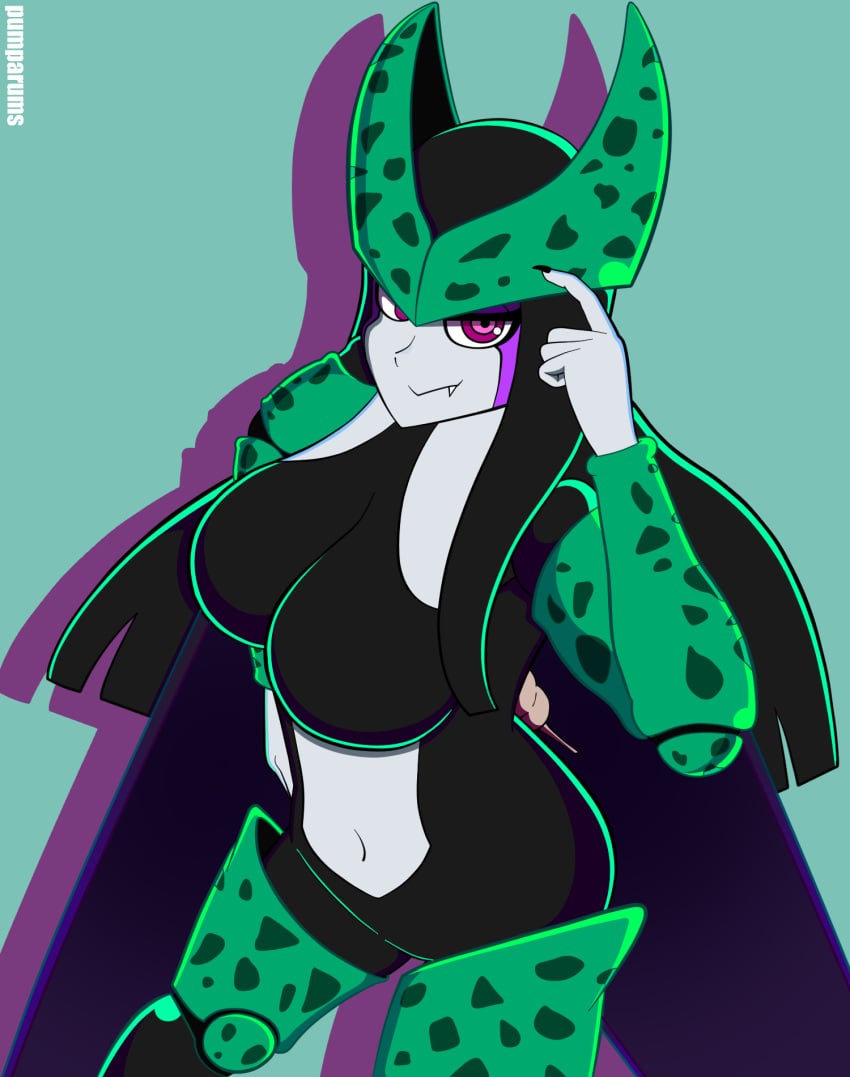 1girls big_breasts bio-android_(dragon_ball) black_hair black_legwear blue_skin cell_(dragon_ball) clothed crown dragon_ball dragon_ball_fighterz dragon_ball_z green_body latex latex_suit perfect_cell pink_eyes pumparums rule_63