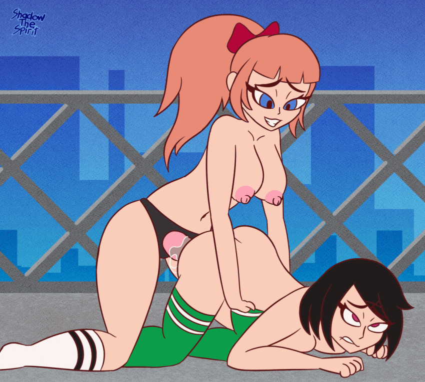 2girls animated animated_gif biting_lip black_hair blue_eyes breasts doggy_style eyes_rolling_back kunio-kun kyoko_(kunio-kun) looking_pleasured misako_(kunio-kun) multiple_girls nipples nude orange_hair outdoors outside pink_eyes public pussy_juice river_city_girls shadowthespirit strap-on thighhighs top-down_bottom-up vaginal_penetration yuri