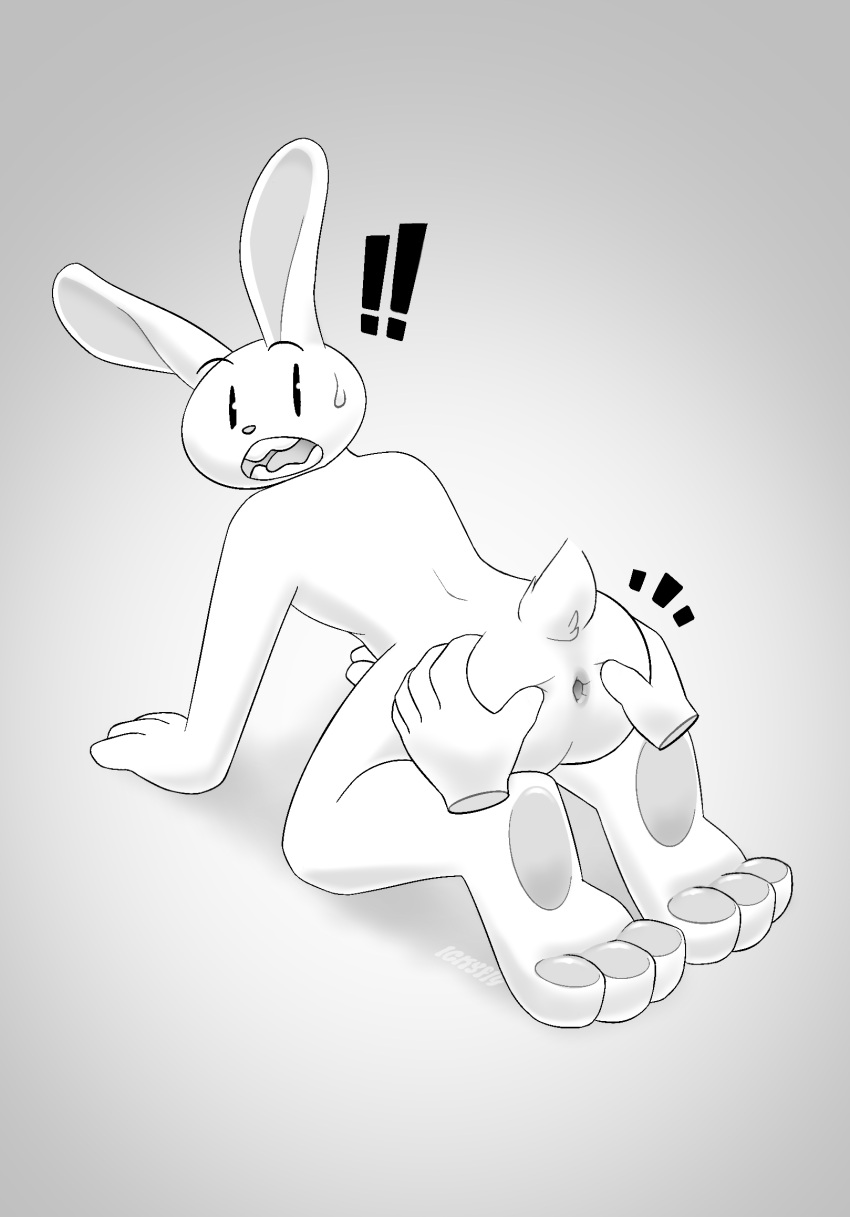 3_toes all_fours anthro anus ass black_and_white bodily_fluids feet fingers floating_hands fur hi_res ickyfig lagomorph leporid looking_at_viewer male mammal max_(sam_and_max) monochrome open_mouth pawpads presenting presenting_anus rabbit rear_view sam_and_max shocked solo spread_anus spreading sweat teeth toes toony white_body