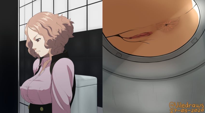 1girls anus constipation female female_only focused haru_okumura persona persona_5 pussy solo toilet_stall viledraws