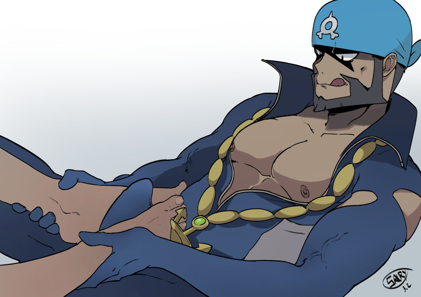 1boy 2boys :q absurdres anchor_necklace archie_(pokemon) bandana barefoot beard black_hair blue_bandana boner collarbone commentary commentary_request dark-skinned_male dark_skin erection facial_hair feet footjob gay highres holding_feet jewelry male male_focus male_only multiple_boys necklace nipples pectorals pokemon pokemon_oras saury saury_dog smile team_aqua toes tongue tongue_out two-footed_footjob yaoi