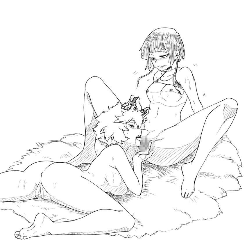 2girls anus ass bangs barefoot blush breasts censored collarbone cunnilingus dailykrumbs english_commentary hand_on_another's_head highres kyoka_jiro mina_ashido monochrome mosaic_censoring multiple_girls my_hero_academia nipples nude open_mouth oral pussy pussy_juice short_hair sitting small_breasts spread_legs tongue tongue_out white_background yuri