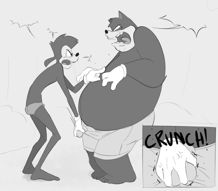 angry anthro ball_grab ballbusting balls bodily_fluids bush_(disambiguation) clothed clothing cock_and_ball_torture disney duo erection erection_under_clothing felid feline genital_torture genitals gesture gloves goof_troop handwear male male/male male_only mammal max_goof monochrome overweight overweight_male pain peter_pete_sr. pointing simple_background sodabox tagme tears tongue underwear young