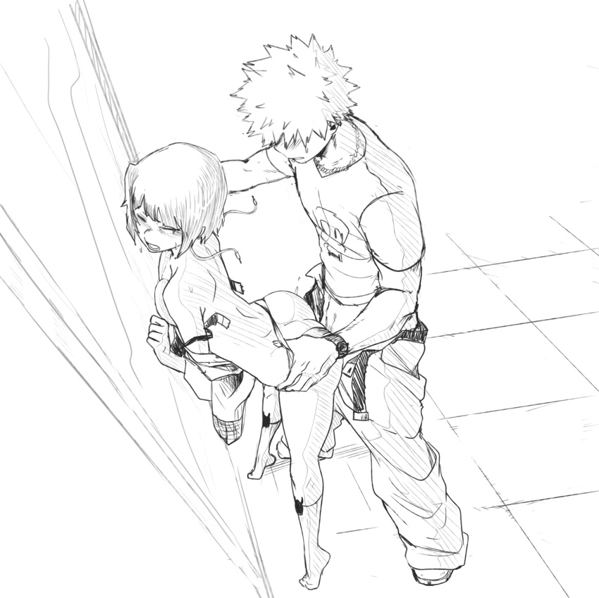 1boy against_wall ass barefoot blush bra breasts dailykrumbs female from_above from_behind_position greyscale highres horny_female jacket jewelry katsuki_bakugou kneehighs kyoka_jiro lower_teeth monochrome my_hero_academia necklace one_eye_closed open_bra open_mouth pants pants_pull print_shirt sex sex_from_behind shirt short_hair standing standing_sex straight tiptoes underwear