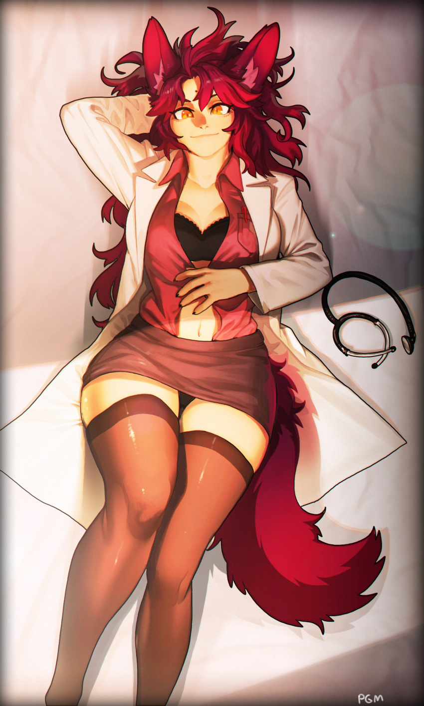 1girls animal_ears anthro clothing doctor female female_only fur furry furry_fetish gown long_hair looking_at_viewer lying lying_on_bed open_clothes orange_eyes pgm300 red_hair schewiener skirt solo solo_female stethoscope stockings tail thigh_gap very_high_resolution viewed_from_above