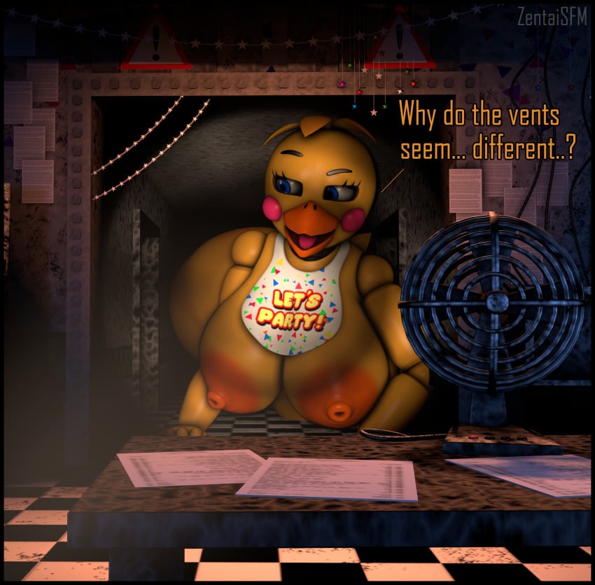 3d 3d_(artwork) animatronic beak big_breasts blue_eyes breasts checkered_floor cheek_bulge cheek_poke cheek_spots cheek_tuft cheeks chicken cleavage confused confused_look confusion fan five_nights_at_freddy's five_nights_at_freddy's_2 flashlight giantess hallway hourglass_figure huge_breasts huge_toy_chica hyper hyper_breasts large_breasts larger_female looking_away looking_back looking_confused macro robot sfm source_filmmaker text thick_thighs tile_floor tiles toy_chica_(fnaf) voluptuous yellow_body yellow_skin zentaisfm