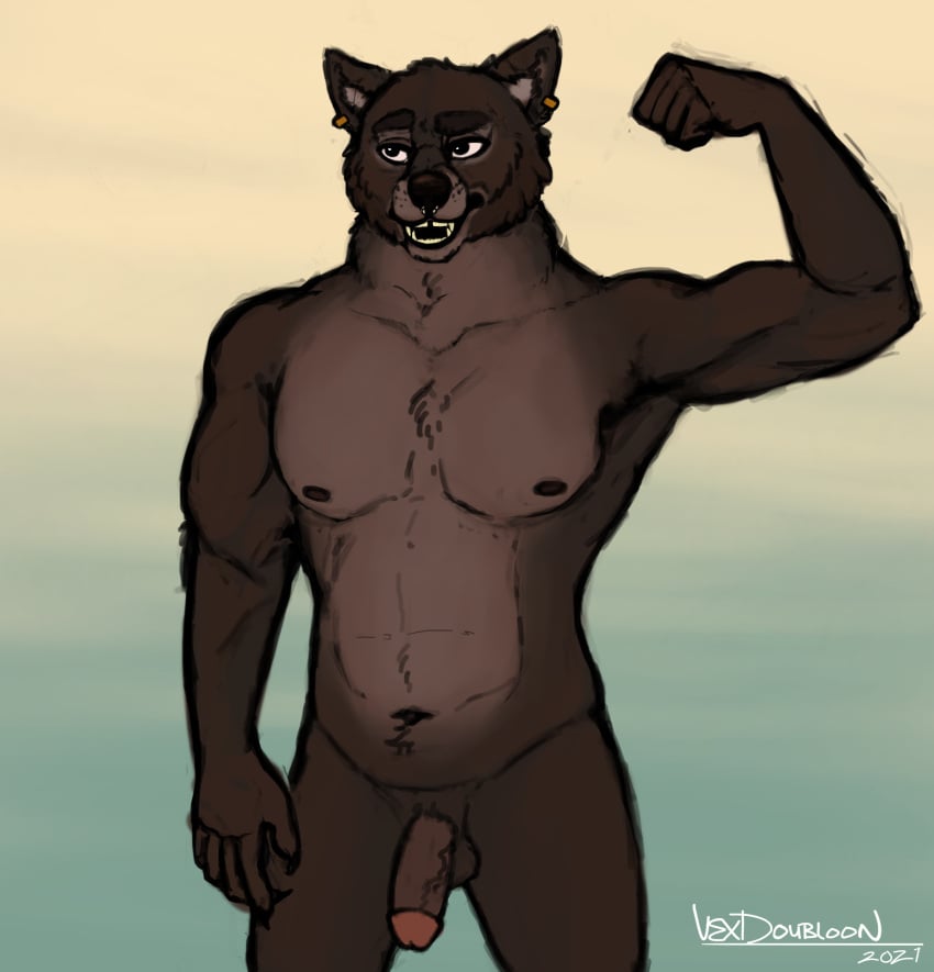 absurdres anthro canid canine canis flexing flexing_bicep furry genitals half-erect highres humanoid_genitalia humanoid_penis male mammal muscular nude penis piercing portrait pose smile solo toned_muscles tooth_gap vexdoubloon wolf