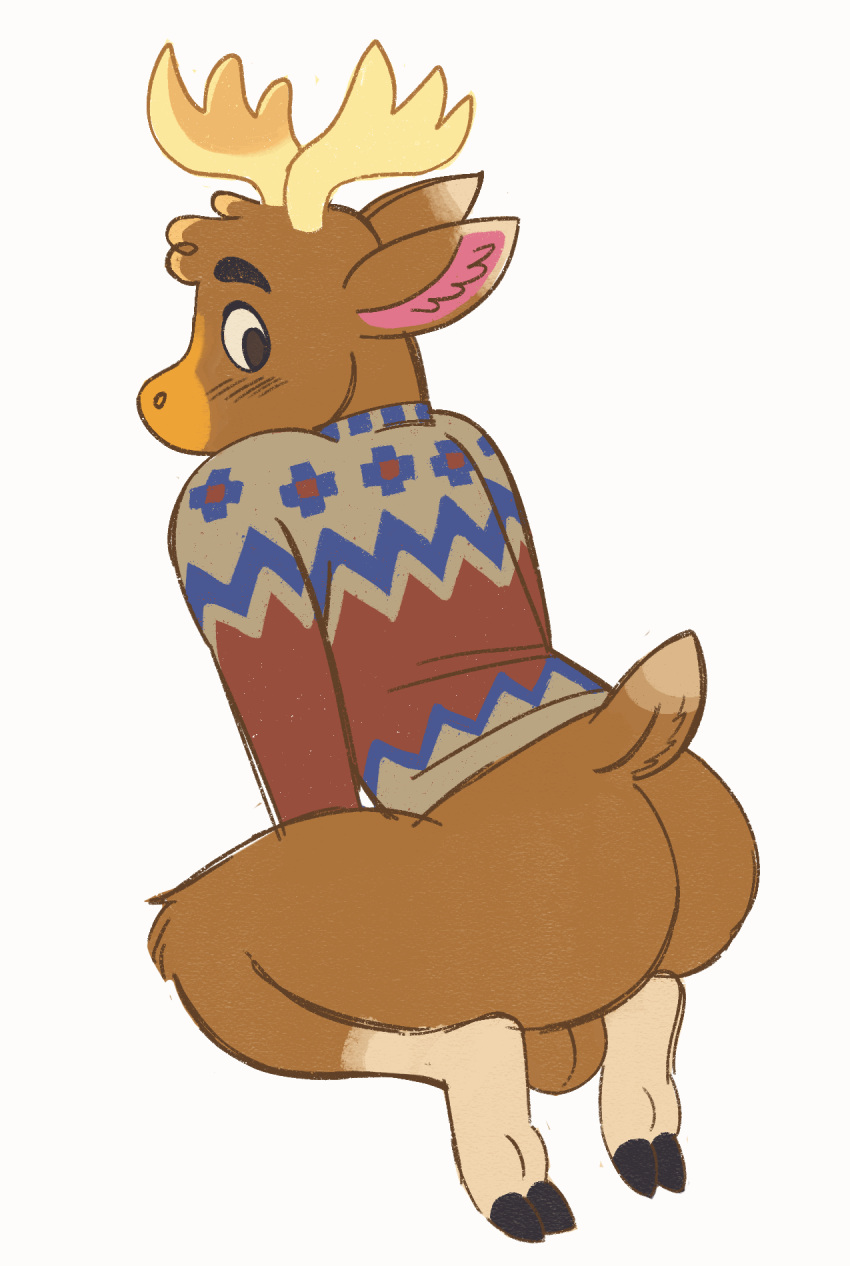 animal_crossing animated anthro antlers ass backsack balls barely_animation bottomless brown_body brown_fur capreoline cervid clothed clothing cloven_hooves erik_(animal_crossing) fur genitals gnawgut hi_res hooves horn kneeling looking_back male male_only mammal moose nintendo solo sweater tailwag topwear video_games