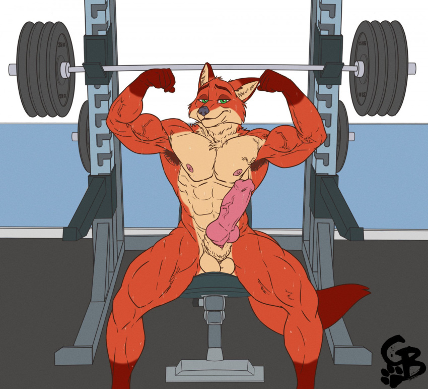 abs animal_genitalia anthro armpit_hair biceps big_penis bodily_fluids body_hair canid canine disney erection exercise flexing fox genitals goldeyboi gym male male_only mammal muscular muscular_legs muscular_male nick_wilde nude pecs penis solo sweat veiny_muscles weightlifting weights workout zootopia