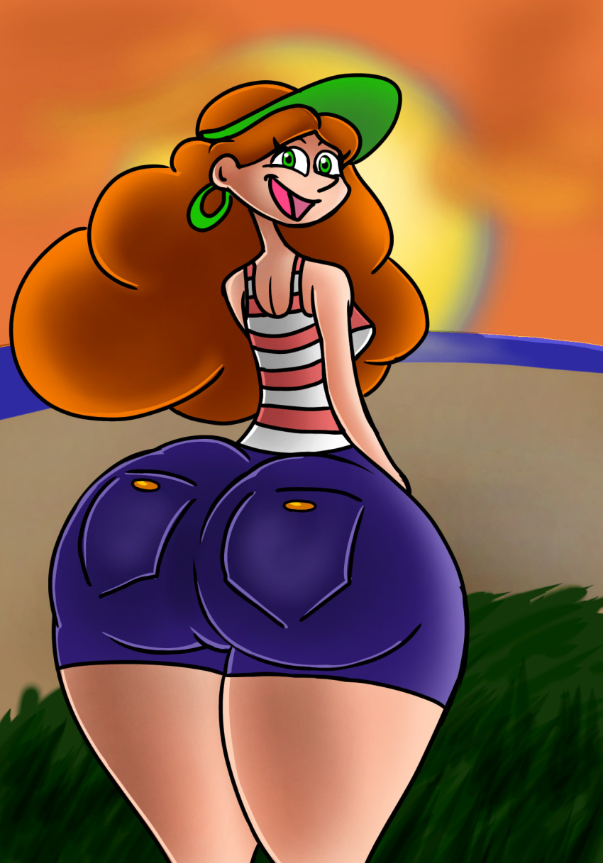 ass beach bottom_heavy disney earrings gigantic_ass green_eyes happy inner_workings jeans kate_(inner_workings) large_ass large_hips luiron orange_hair small_breasts smile smiling_at_viewer sunset unrealistic_anatomy