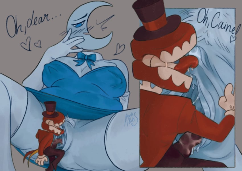 big_woman bluetooth caine caine_(tadc) caine_(the_amazing_digital_circus) clitoris denture dentures glitch_productions gooseworx licking_clitoris licking_pussy moon moon_(the_amazing_digital_circus) penis ringmaster small_male tadc the_amazing_digital_circus