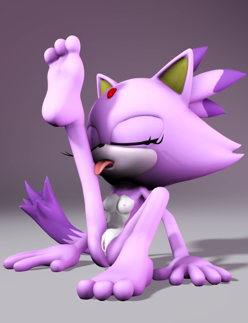 3_toes 3d anthro blaze_the_cat closed_eyes eyelashes feet forehead_jewel gem hair licking licking_leg purple_body purple_fur purple_hair pussy rarequinez sega sitting solo sonic_(series) white_body white_fur