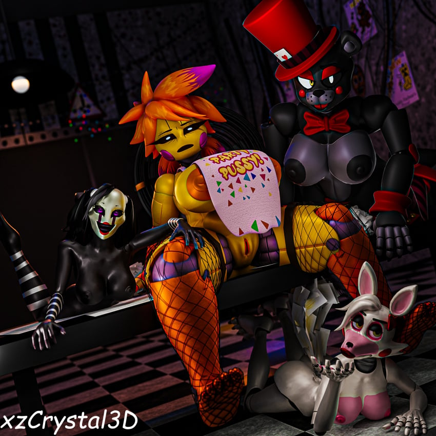 3d animatronic anthro big_breasts blender blender_(software) bonnie_(fnaf) breasts female female_focus female_only five_nights_at_freddy's furry furry_only horror large_breasts lefty_(fnaf) mangle_(fnaf) marionette_(fnaf) monster monster_girl multiple_girls puppet_(fnaf) toy_chica_(fnaf) vagina xzcrystal3d