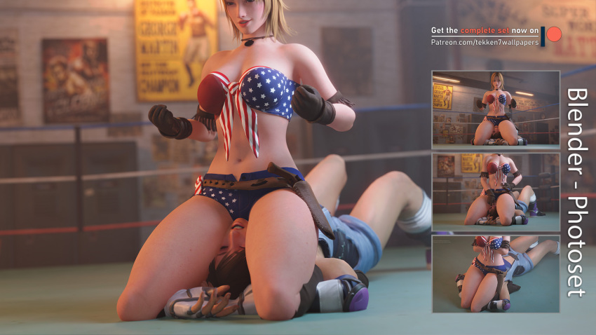 2girls 3d american_flag american_flag_bikini asphyxiation blonde_hair boots bra breasts brown_hair catfight cleavage crossover dead_or_alive dead_or_alive_5 defeat defeated dominant_female dominated domination dominatrix female female_domination female_with_female femdom fight fighting gloves hand_on_hip headlock held_down helpless highres kazama_asuka lezdom midriff multiple_girls restrained sensual short_hair shorts sitting sitting_on_person smile tekken tekken7wallpapers tekken_7 thick_thighs thighs thighs_together tina_armstrong underwear wrestling_ring wrestlingryona yuri