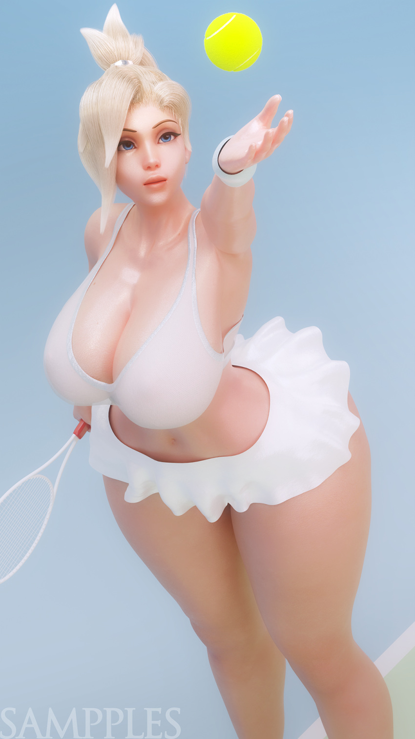 1girls 3d alternate_ass_size alternate_breast_size ass big_breasts blonde_hair blue_eyes bra breasts cleavage cuffs female female_only female_solo hourglass_figure huge_thighs large_breasts mercy miniskirt navel overwatch ponytail revealing_clothes sampples shiny_skin skimpy skirt solo solo_female tennis tennis_ball tennis_racket tennis_uniform thick_thighs thighs tied_hair wide_hips