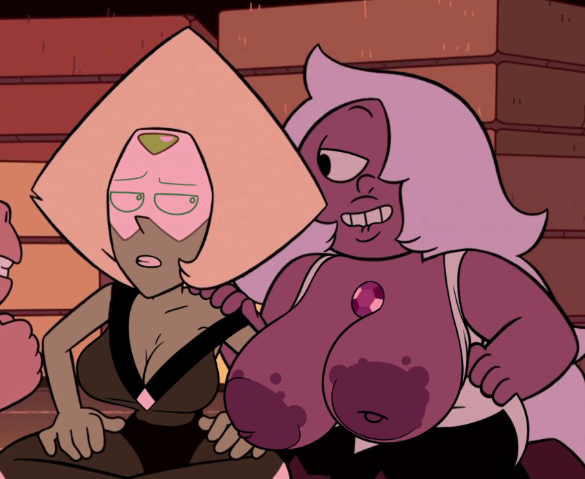 accurate_art_style amethyst_(steven_universe) biting_lip breasts_out cartoon_network cleavage glands_of_montgomery hand_on_shoulder huge_areolae huge_breasts inverted_nipples kabrro nude_edit puffy_nipples purple_nipples purple_skin screenshot_edit steven_universe