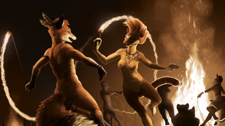 2021 aleutia anthro armband ass breasts brown_body brown_fur campfire canid canine casual_nudity chest_tuft closed_eyes depth_of_field digital_media_(artwork) duo_focus feathers female fire fox fur genitals gloves_(marking) group hair hi_res inner_ear_fluff ipoke jewelry kalahari_(character) leg_markings legband looking_at_another male male/female mammal markings motion_blur mustela mustelid musteline navel necklace nipples nude open_mouth orange_body orange_fur pussy smile social_nudity socks_(marking) teeth tuft whiskers