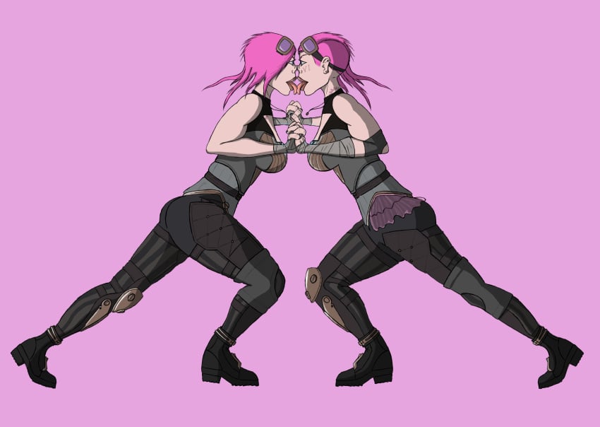 2girls clones combat female_only french_kiss french_kissing interlocked_fingers league_of_legends piercings pig_nose pink_hair pushing reverse_tug_of_war riot_games selfcest test_of_strength tongue_out twins vi yuri