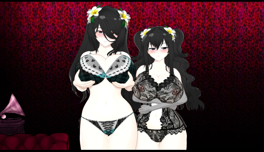 3d aged_up alternate_breast_size alternate_hairstyle blush fubuki_(senran_kagura) hair_flower large_breasts lingerie love_hotel marvelous nipples_visible_through_clothing see-through senran_kagura xhion24