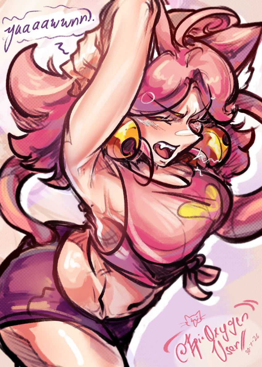 1girls 2d 2d_artwork armpits arms_behind_back cat_ears cat_tail catgirl clothed clothing deltarune deltarune_chapter_5 epicoxygenuser female female_only mad_mew_mew pink_(deltarune) simple_background tagme text text_bubble undertale_(series) yawn