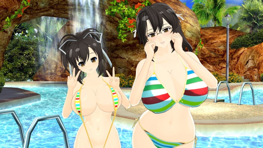 aged_up alternate_costume asuka_(senran_kagura) bikini blush double_v glasses hair_ribbon large_breasts pool senran_kagura sling_bikini xhion24