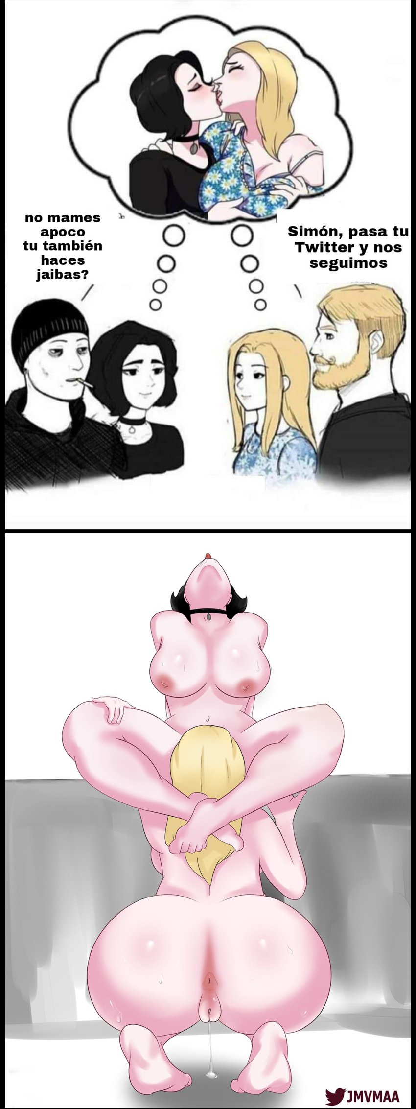 anus big_breasts breasts busty cheating comic cunnilingus doomer doomer_girl female female_focus hourglass_figure jmvmaa licking_pussy nordic_chad oral oral_sex pleasure_face pussy_juice spanish_text tagme tradwife translation_request wide_hips wojak_comics yuri