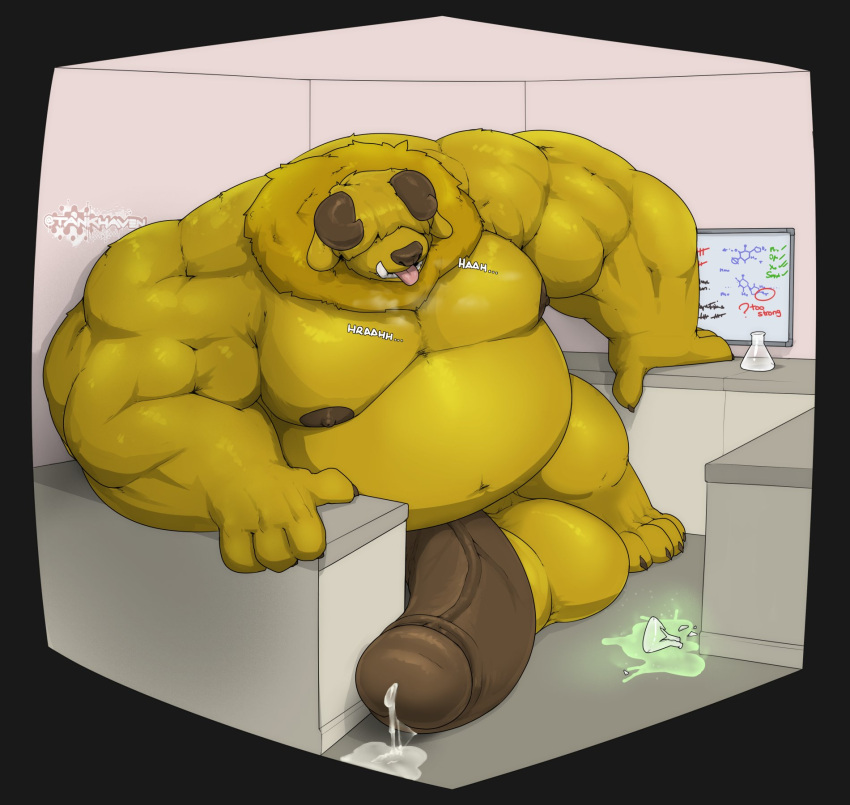 anthro balls belly big_balls big_belly big_muscles big_penis bodily_fluids canid canid_demon canine cum cum_leaking demon genital_fluids genitals growth growth_potion hellhound hi_res huge_balls huge_cock huge_muscles hyper hyper_balls hyper_belly hyper_genitalia hyper_muscles hyper_penis laboratory male mammal muscular muscular_anthro muscular_male penis solo tankh