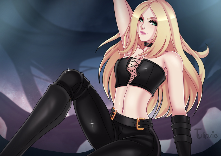 1girls belt blonde_hair boots capcom choker crop_top devil_may_cry devil_may_cry_5 exposed_shoulders long_hair midriff simple_background solo solo_female trish_(devil_may_cry) tulipsie