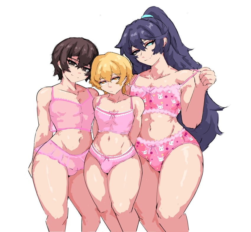 3boys alternate_body_type alternate_costume black_hair black_hair_male black_haired_male blonde_hair blonde_male blue_eye blue_hair brown_eyes bulge bulge_through_clothing color colored curvy curvy_hips curvy_male cute_femboy digital_media_(artwork) exposed_belly exposed_navel femboy femboy_only feminine_male feminization glistening glistening_thighs heterochromia high_resolution highres hong_lu_(limbus_company) innie_belly_button lace-trimmed_bra lace-trimmed_panties large_ass large_thighs limbus_company lingerie littleteze long_hair_male long_haired_male looking_at_viewer male male_chest male_focus male_only multiple_boys navel no_sex no_visible_genitalia partially_clothed patterned_clothing pear-shaped_figure pink_bra pink_outfit pink_panties ponytail project_moon prone_bone see-through_bra shiny_skin shiny_thighs simple_background sinclair_(limbus_company) skinny_male source_request thick_thighs three-quarter_portrait toned_male twink wide_hipped_male wide_hips yellow_eyes yi_sang_(limbus_company)
