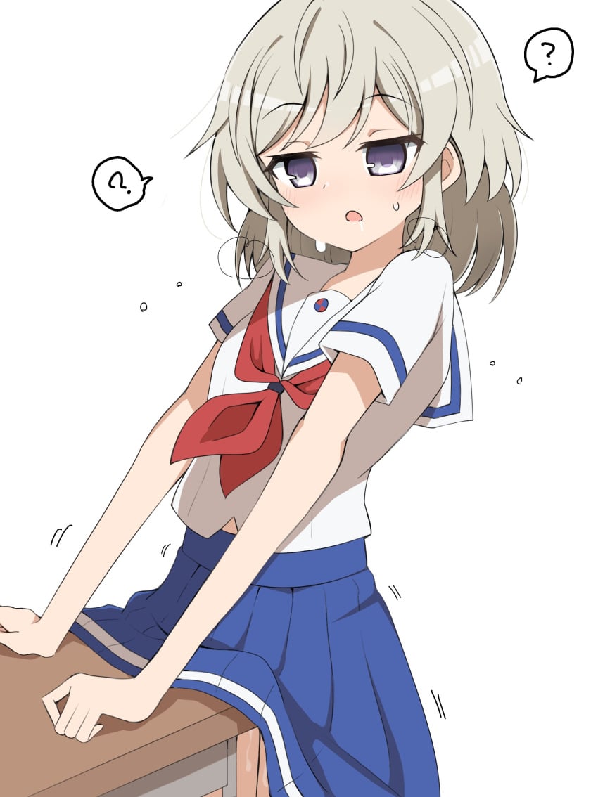 1girl ? absurdres blue_skirt blush clothes_lift commentary_request cowboy_shot crotch_rub desk drooling female_masturbation grey_hair heavy_breathing high_school_fleet highres masturbation medium_hair midorima_bocchi motion_lines neckerchief open_mouth pleated_skirt purple_eyes pussy_juice red_neckerchief sailor_collar saliva shirt short_sleeves simple_background skirt skirt_lift solo speech_bubble spoken_question_mark standing sweat table_humping tateishi_shima white_background white_sailor_collar white_shirt