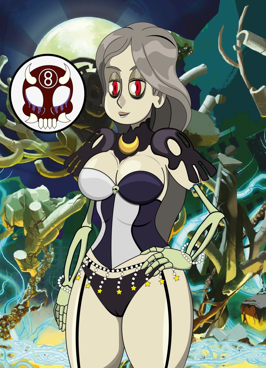 8ball9615 big_breasts corset green_hair long_hair pale_skin red_eyes selene_contiello skull_ornament skullgirl_(creature) skullgirls undead underwear