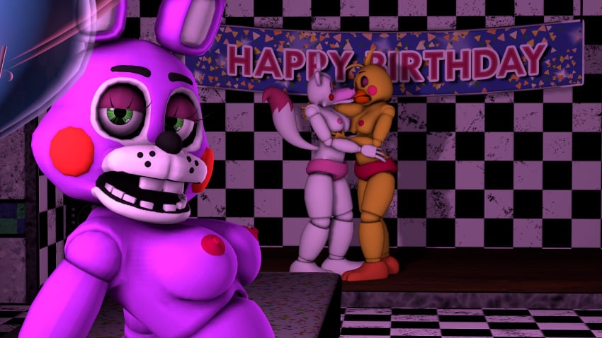 3d 4k absurd_res balloons blue_balloon breasts bunny bunny_ears checkered_floor checkered_wall chick chicken confetti disboi215 female_fox five_nights_at_freddy's green_eyes happy_birthday_sign highres kissing mangle_(fnaf) pink_nipples pink_panties purple_body purple_breasts purple_fur rabbit rabbit_humanoid red_nipples red_panties source_filmmaker table tail toy_bonnet_(fnaf) toy_chica_(fnaf) white_body white_breasts white_fur wooden_floor yellow_body yellow_breasts yuri