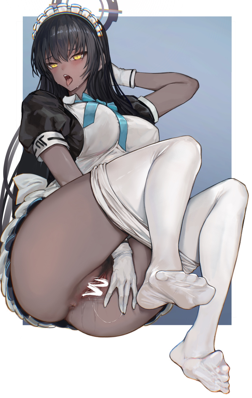 1girls absurdres apron blue_archive blue_neckwear censored cleaning_&_clearing_(blue_archive) dark-skinned_female dark_skin feet female gloves highres karin_(blue_archive) maid maid_headdress millennium_science_school_logo_(blue_archive) millennium_science_school_student no_panties open_mouth pantyhose peeing puffy_short_sleeves puffy_sleeves pussy short_sleeves soles toes westking white_apron white_gloves white_legwear yellow_eyes