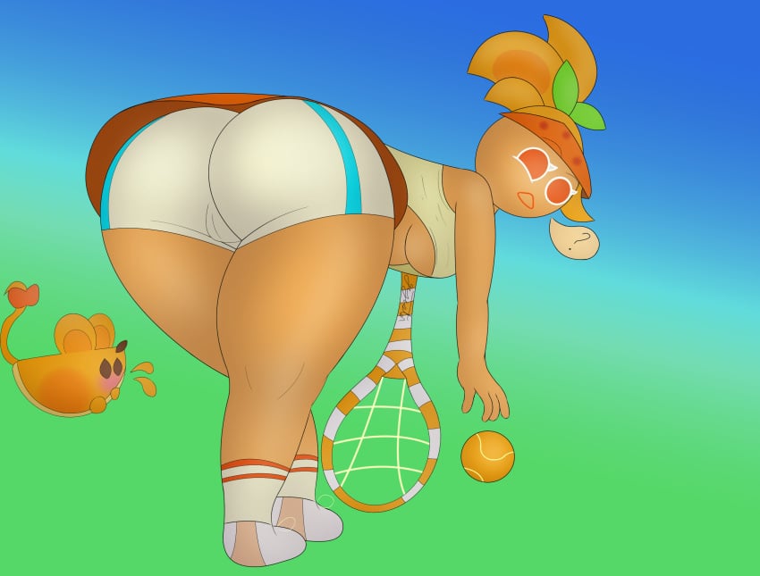 ass bent_over big_butt blush breasts cameltoe cookie_run gazaster orange_cookie orange_skin shorts simple_background sports sports_uniform sportswear sweat sweatdrop tennis_ball tennis_racket underboob video_games