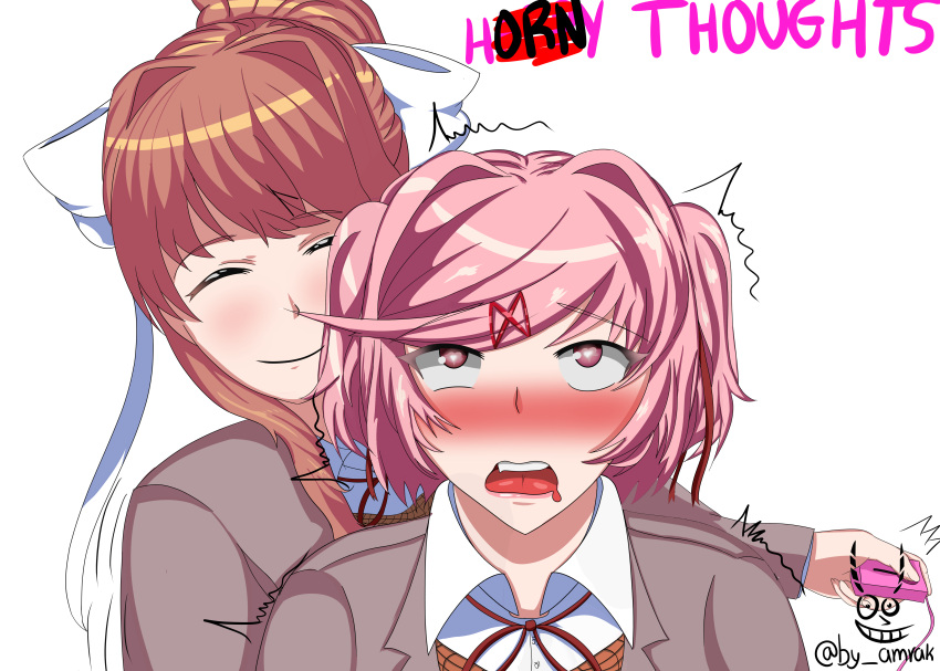 2girls ahe_gao amrak blush brown_hair doki_doki_literature_club dominant_female domination eyes_rolling_back female female_only femdom heart-shaped_pupils heart_eyes implied_fingering implied_penetration monika_(doki_doki_literature_club) multiple_girls natsuki_(doki_doki_literature_club) pink_eyes pink_hair ponytail remote_control_vibrator ribbon short_hair submissive_female trembling vibrator white_ribbon yuri