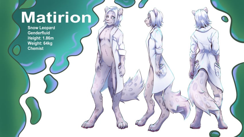 16:9 anthro blue_eyes clothing coat felid female fluffy fluffy_tail genitals hair hi_res lab_coat mammal matirion nipples pantherine pawpads paws pussy snow_leopard solo topwear white_hair widescreen zraxi