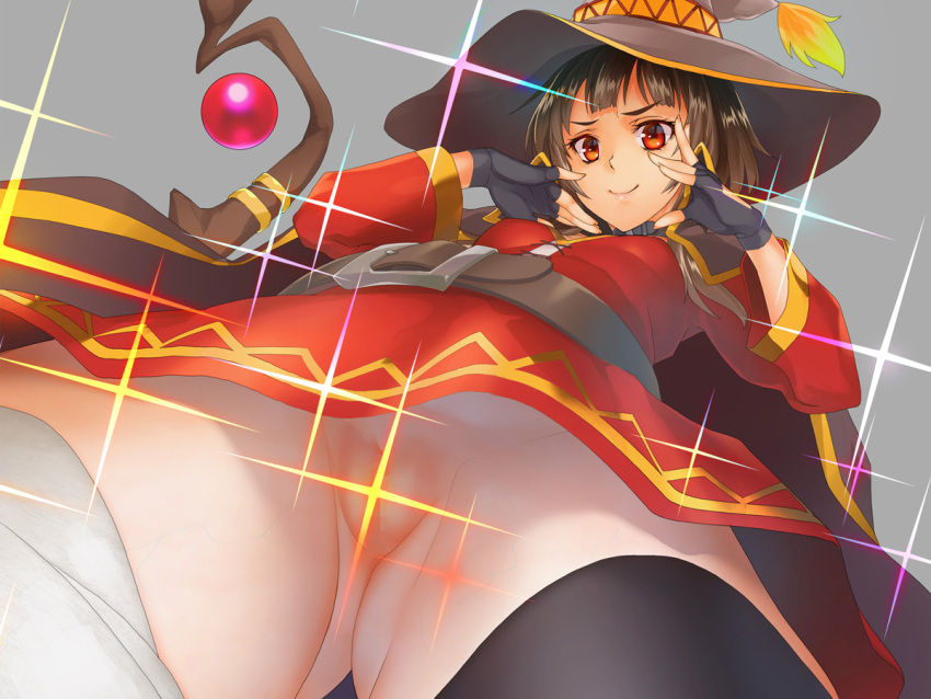 asaki_takayuki ass bandaged_leg bandages belt black_gloves black_hair black_legwear breasts censored collar dress female fingerless_gloves from_below gloves grey_background hat kono_subarashii_sekai_ni_shukufuku_wo! light_censor looking_at_viewer megumin mosaic_censoring no_panties pussy red_dress red_eyes short_hair simple_background small_breasts smile solo staff thighhighs witch_hat