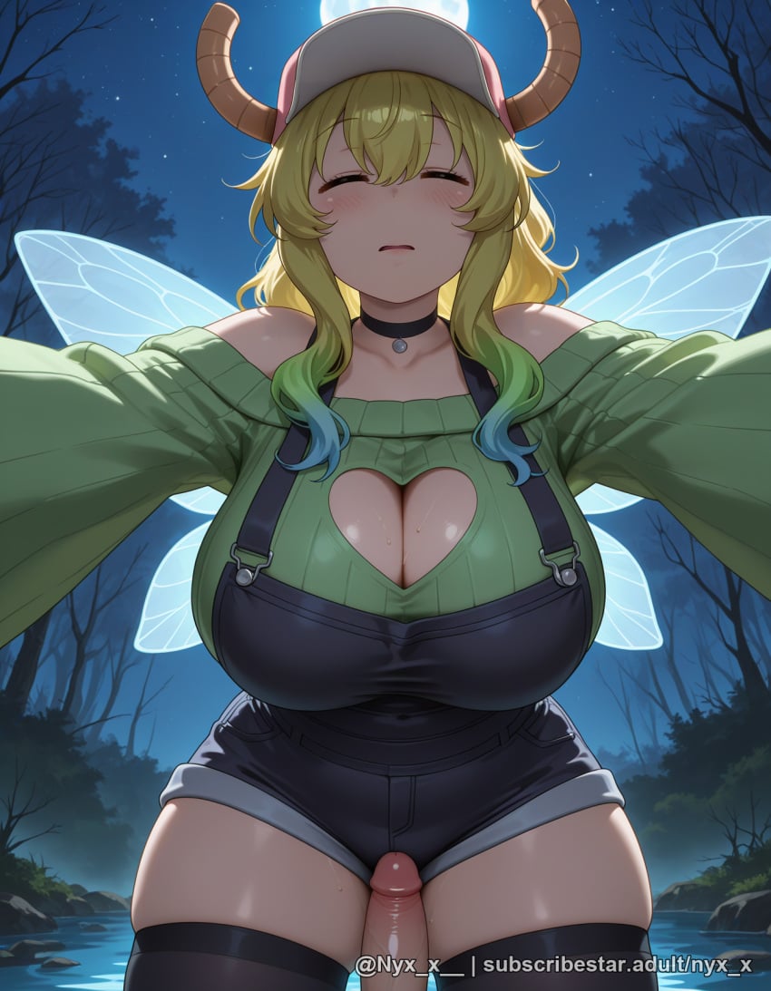 1boy 1girl ai_generated bare_shoulders baseball_cap black_choker black_thighhighs blonde_hair blue_hair blush breasts choker cleavage cleavage_cutout closed_eyes clothing_cutout collarbone denim_shorts dragon_girl dragon_horns erection explicit facing_viewer fairy_wings full_moon girl_on_top gradient_hair green_hair green_sweater hat heart_choker heart_cutout hetero horns horns_through_headwear huge_breasts kobayashi-san_chi_no_maidragon large_breasts long_hair lucoa lucoa_(maidragon) moon multicolored_hair night night_sky nyx_x off-shoulder_sweater off_shoulder outdoors overall_shorts overalls parted_lips penis pink_headwear pov shorts skindentation sky solo_focus star_(sky) sweat sweater thigh_sex thighhighs thighs uncensored water wavy_hair wings