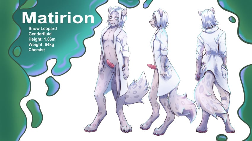 16:9 anthro blue_eyes clothing coat felid fluffy fluffy_tail genitals hair hi_res lab_coat male mammal matirion pantherine pawpads paws penis snow_leopard solo topwear white_hair widescreen zraxi