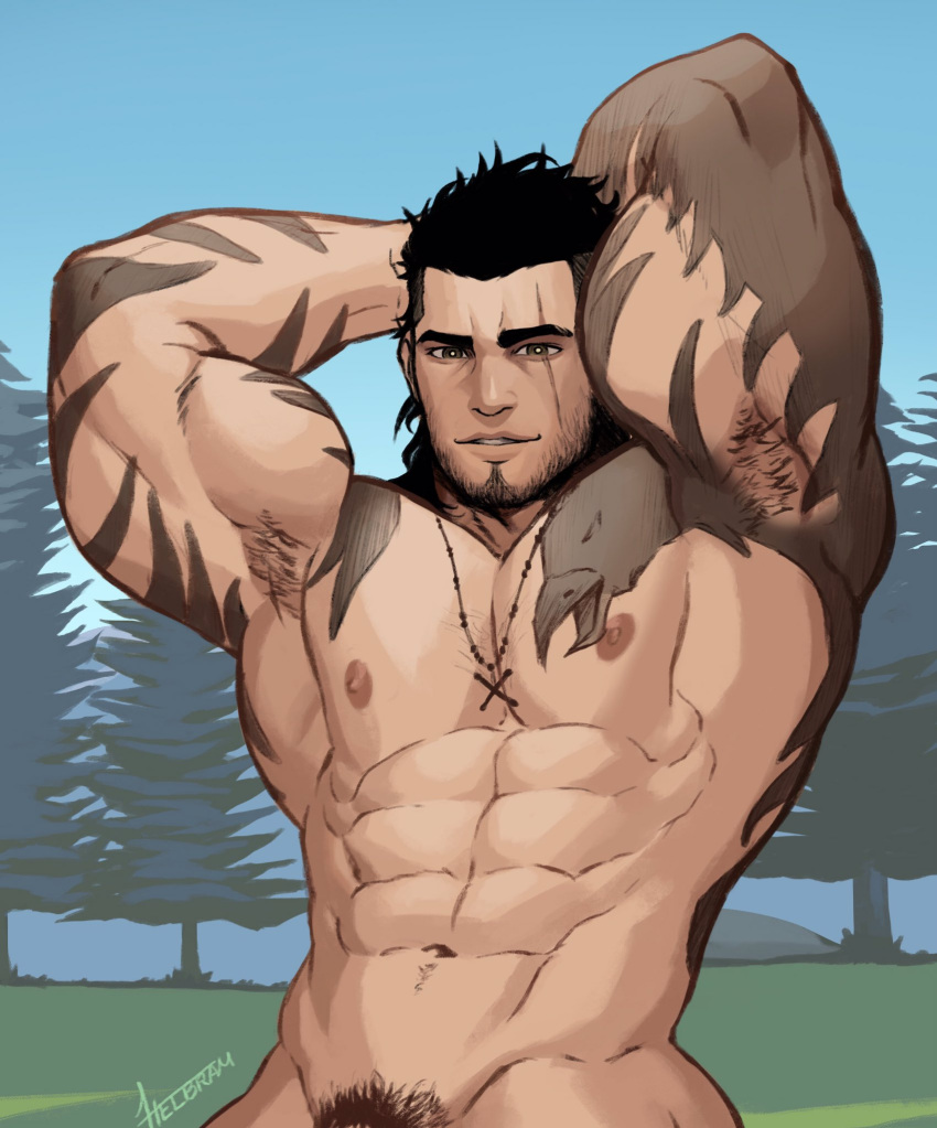 1boy abs arm_tattoo armpit_hair armpits arms_up bara beard biceps black_hair chest_tattoo completely_nude cross cross_necklace facial_hair final_fantasy final_fantasy_xv gladiolus_amicitia highres jewelry large_pectorals male male_focus male_only male_pubic_hair mature_male muscular muscular_male navel necklace nipples nude out-of-frame_censoring pubic_hair reward_available scar scar_across_eye short_hair smile solo stomach stubble tattoo whyhelbram